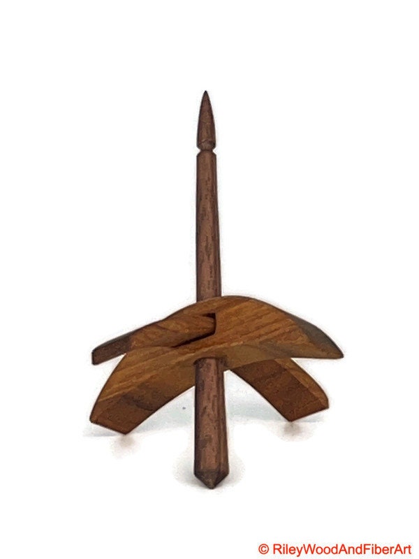 Mini Turkish Drop Spindle - Quartersawn Canary Whorl with Walnut Shaft on white background