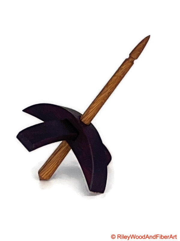 Mini Turkish Drop Spindle - Purple Heart Whorl with White Oak Shaft on white background