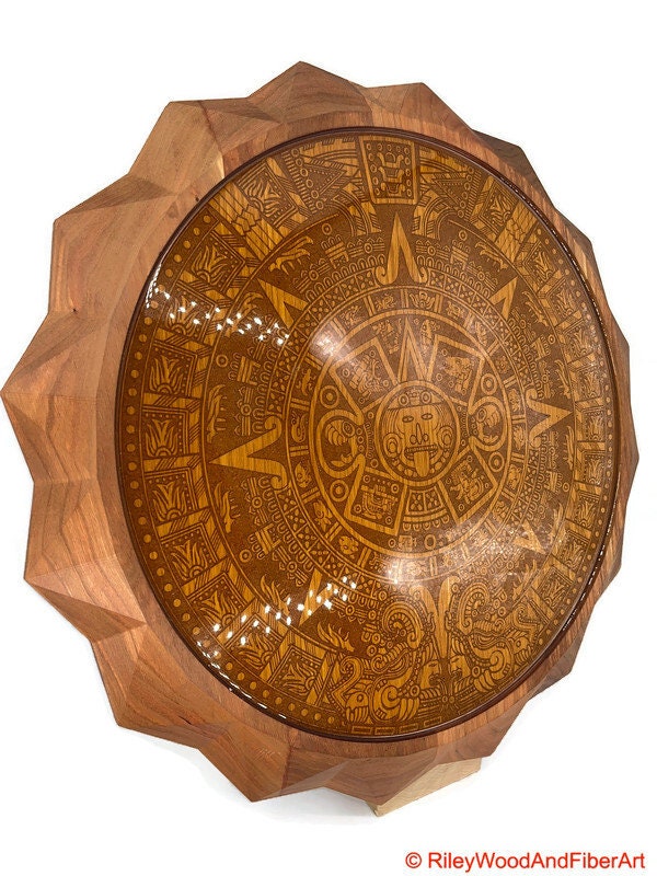 Aztec Sun Stone With 3d Carved Sun on periphery Wall Hanging Large made by Riley Wood and Fiber Art