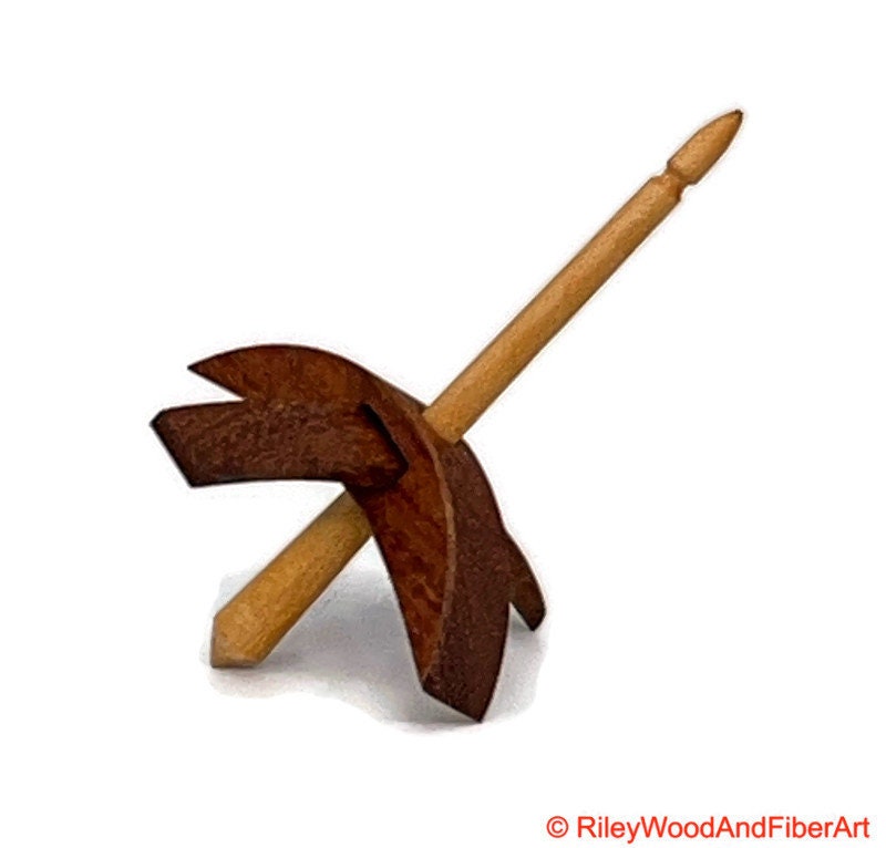 Mini Turkish Drop Spindle - Tzalam Whorl with Apple Shaft on white background