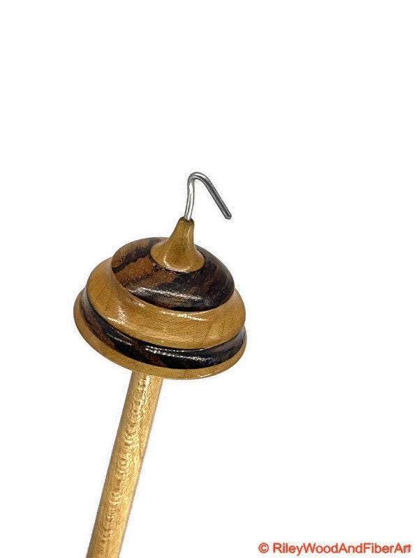 Top Whorl Drop Spindle - Maple & Zebra - 14g on white background