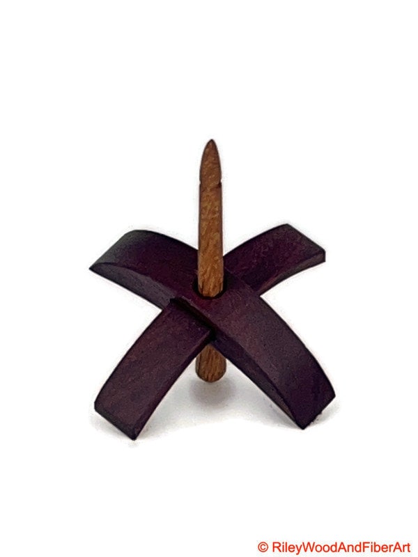 Mini Turkish Drop Spindle - Purple Heart Whorl with White Oak Shaft on white background