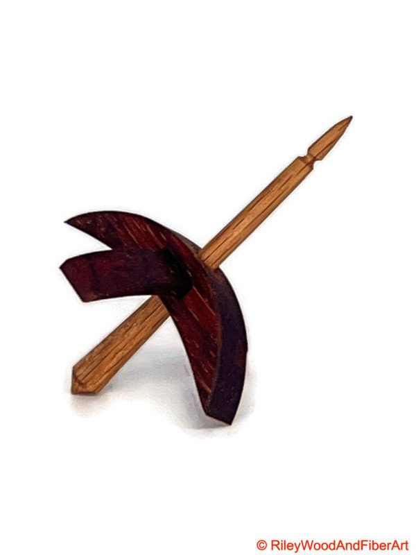 Mini Turkish Drop Spindle - Padauk Whorl with Red Oak Shaft on white background