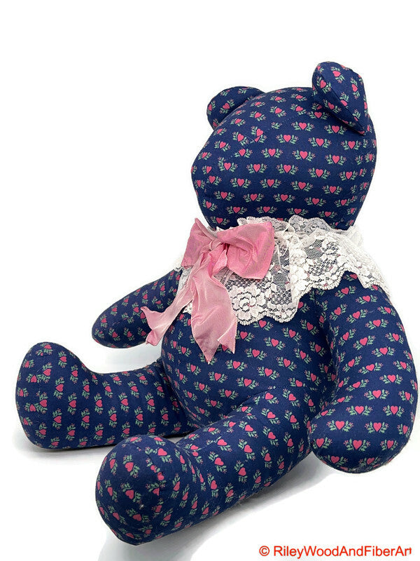 Handmade Vintage Fabric Stuffed Bear - Unique Heirloom Collectible Soaring Hearts on white background