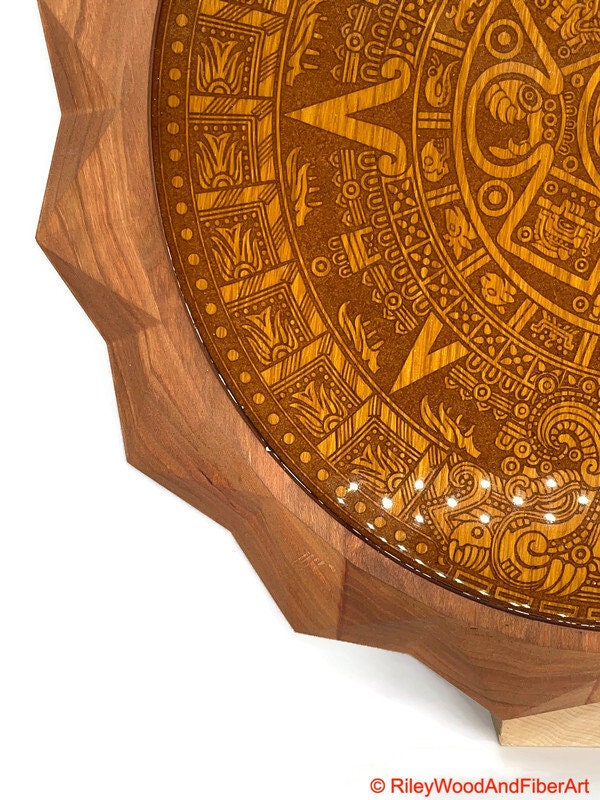 Aztec Sun Stone With 3d Carved Sun on periphery Wall Hanging Large made by Riley Wood and Fiber Art