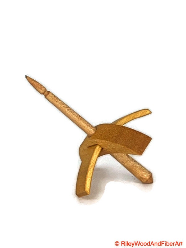 Mini Turkish Drop Spindle - Quartersawn Avodire Whorl with Maple Shaft on white background