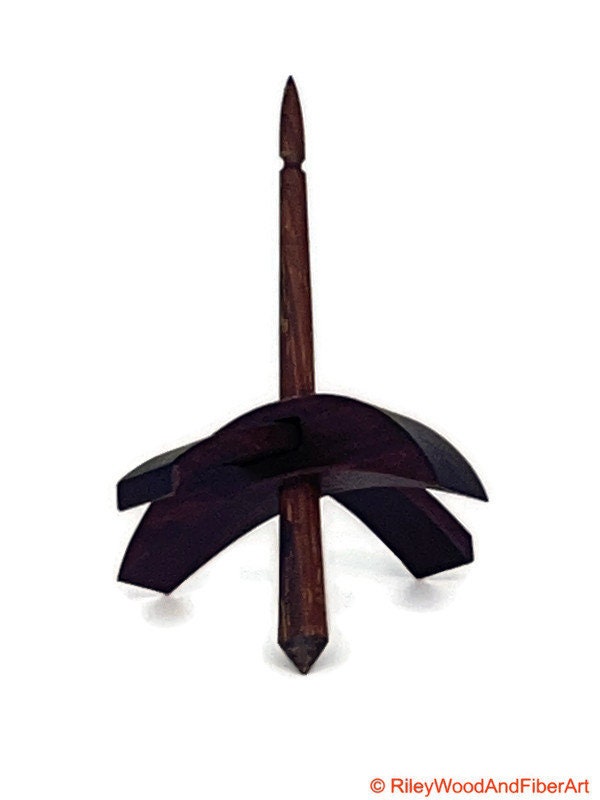 Mini Turkish Drop Spindle - Purple Heart Whorl with Chechen Shaft on white background