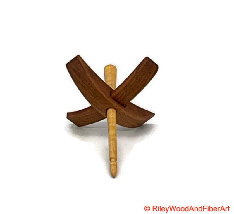 Mini Turkish Drop Spindle - Cherry Whorl with Curly Maple Shaft on white background