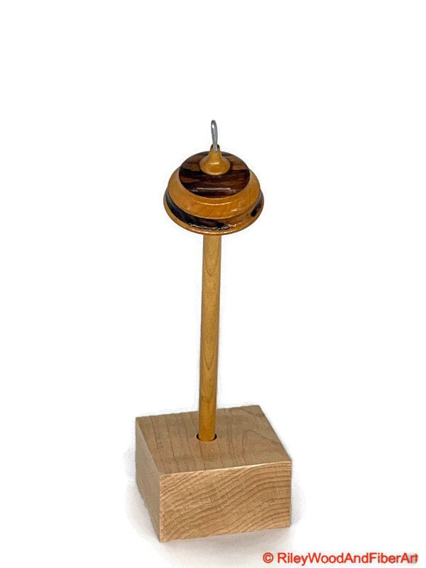 Top Whorl Drop Spindle - Maple & Zebra - 14g on white background