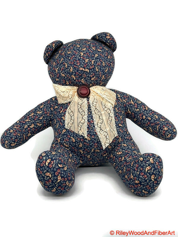Handmade Vintage Fabric Stuffed Bear - Unique Heirloom Collectible Blue Paisley on white background