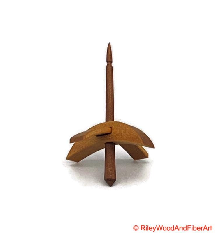 Mini Turkish Drop Spindle - Quartersawn Avodire Whorl with Maple Heartwood Shaft on white background