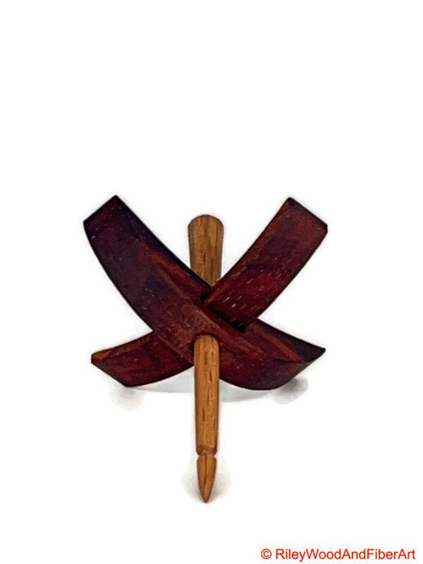 Mini Turkish Drop Spindle - Padauk Whorl with Red Oak Shaft on white background