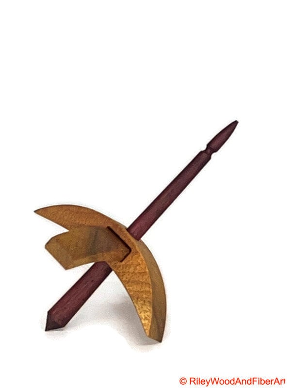 Mini Turkish Drop Spindle - Myrtle Whorl with Purple Heart Shaft on white background