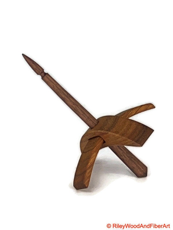 Mini Turkish Drop Spindle - Quartersawn Canary Whorl with Walnut Shaft on white background