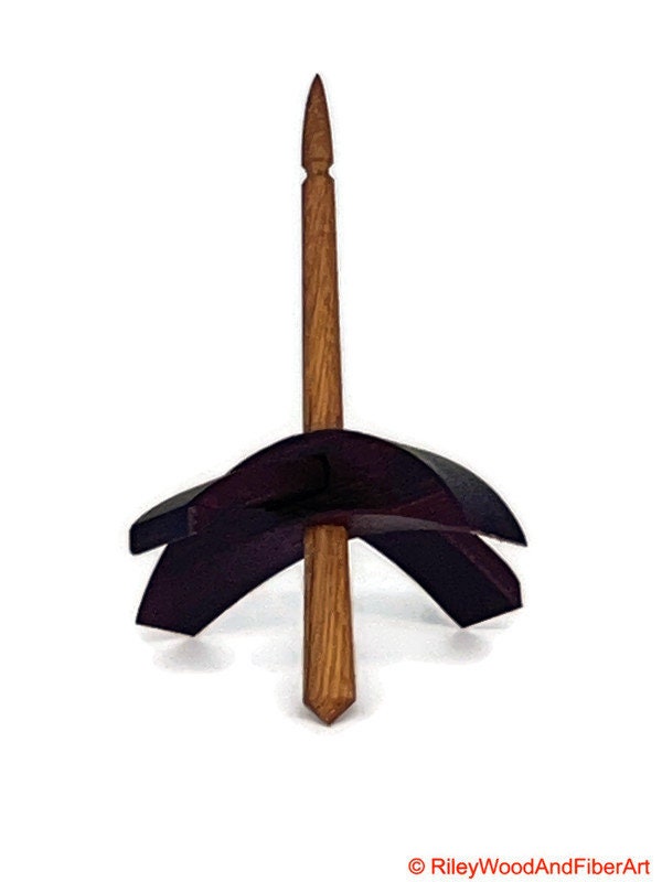 Mini Turkish Drop Spindle - Purple Heart Whorl with White Oak Shaft on white background