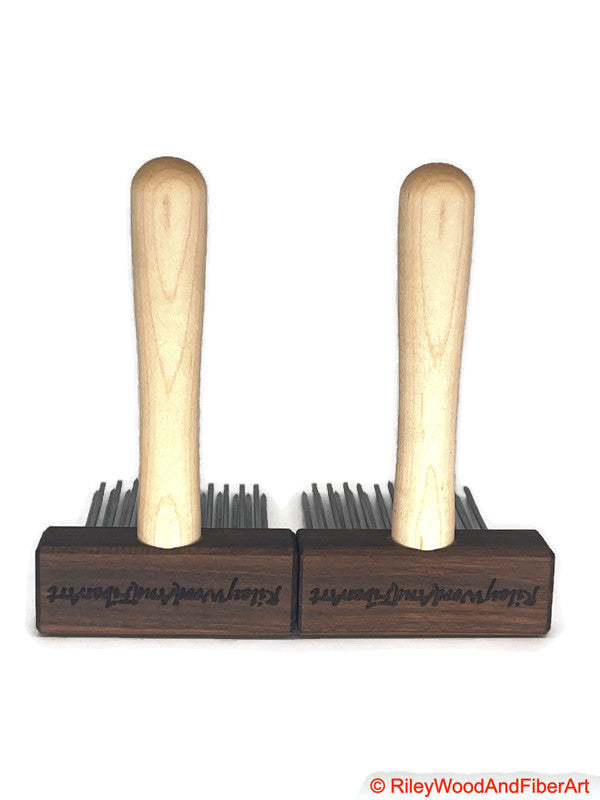 Wool Combs - Pair Double Row Standard - Walnut and Maple made by Riley Wood and Fiber Art