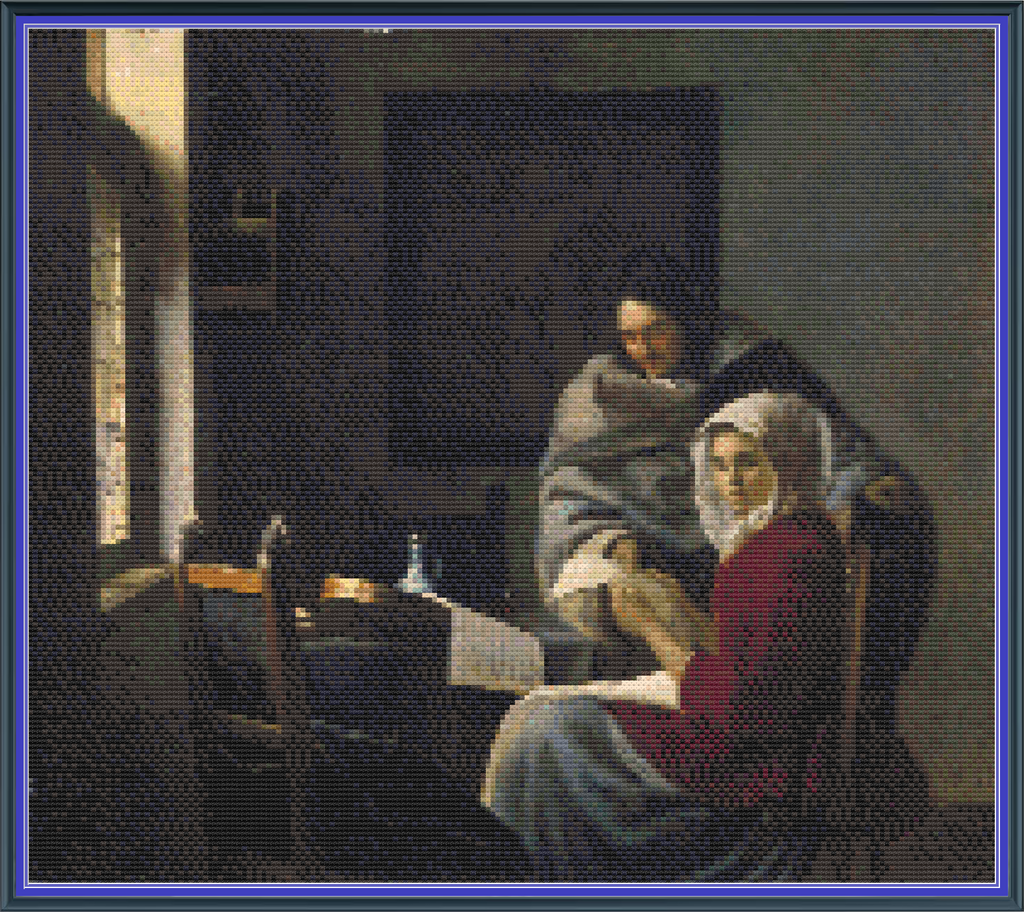 Riley Wood and Fiber Art - Girl Interrupted at Her Music© – Cross Stitch Pattern | Fine Art Cross Stitch | 14 Count Aida | Digital Pattern made by Riley Wood and Fiber Art