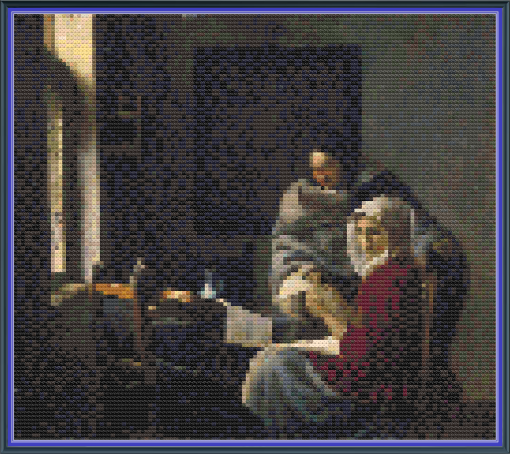 Riley Wood and Fiber Art - Girl Interrupted at Her Music© – Cross Stitch Pattern | Fine Art Cross Stitch | 14 Count Aida | Digital Pattern made by Riley Wood and Fiber Art