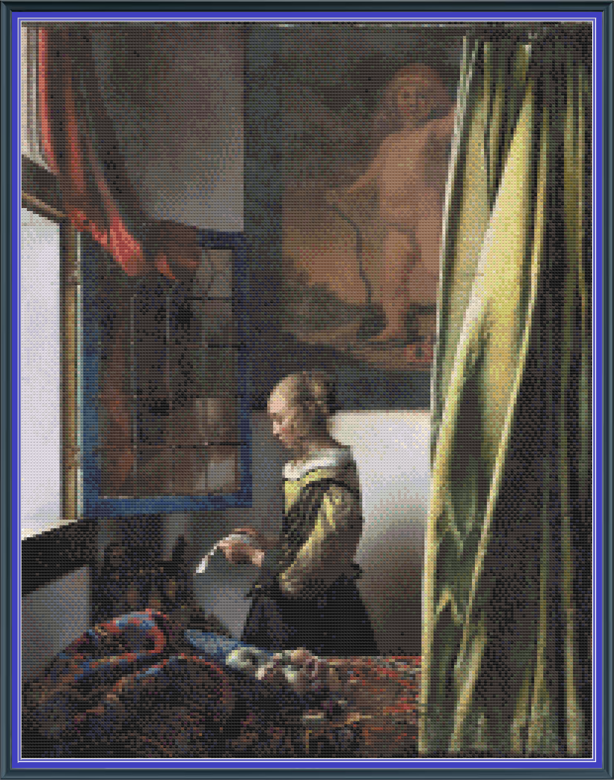 Riley Wood and Fiber Art - Girl Reading a Letter at an Open Window© – Cross Stitch Pattern | Fine Art Cross Stitch | 14 Count Aida | Digital Pattern made by Riley Wood and Fiber Art