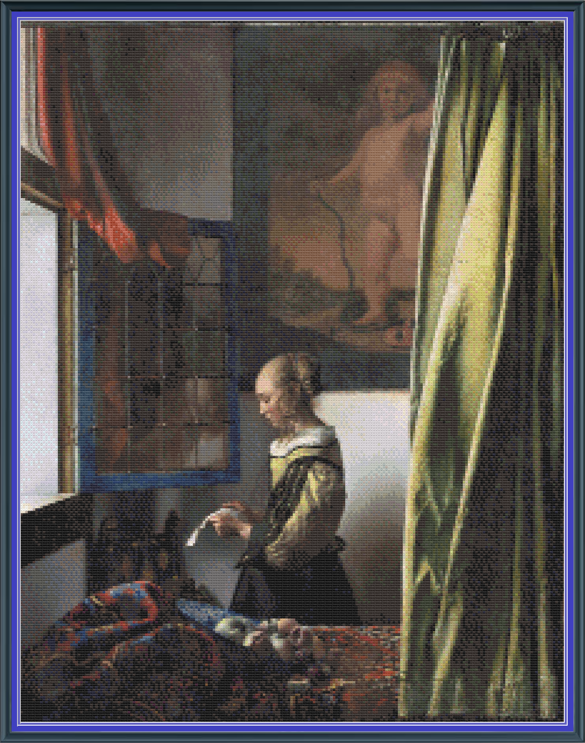 Riley Wood and Fiber Art - Girl Reading a Letter at an Open Window© – Cross Stitch Pattern | Fine Art Cross Stitch | 14 Count Aida | Digital Pattern made by Riley Wood and Fiber Art