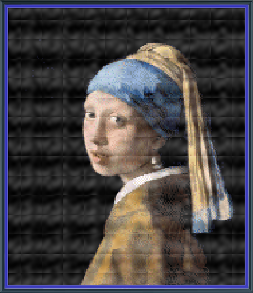 Riley Wood and Fiber Art - Girl with a Pearl Earring© – Cross Stitch Pattern | Fine Art Cross Stitch | 14 Count Aida | Digital Pattern made by Riley Wood and Fiber Art