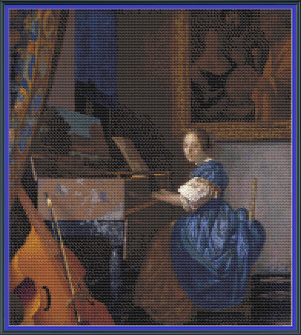 Riley Wood and Fiber Art - Lady Seated at a Virginal© – Cross Stitch Pattern | Fine Art Cross Stitch | 14 Count Aida | Digital Pattern made by Riley Wood and Fiber Art