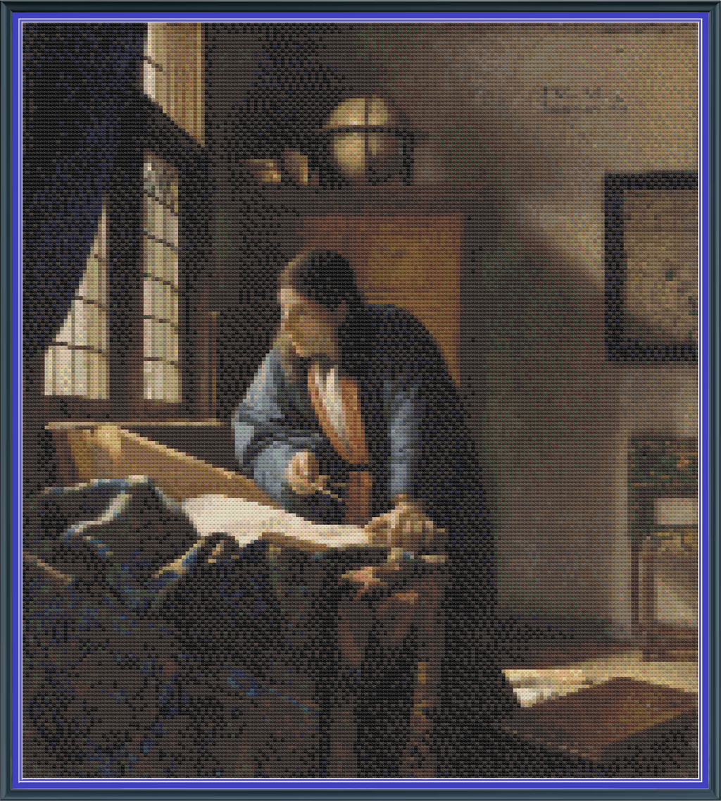 Riley Wood and Fiber Art - The Geographer© – Cross Stitch Pattern | Fine Art Cross Stitch | 14 Count Aida | Digital Pattern made by Riley Wood and Fiber Art