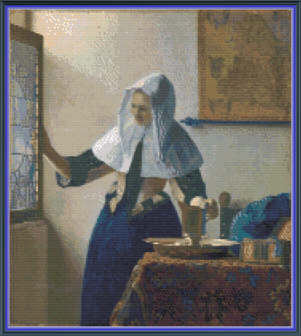 Riley Wood and Fiber Art - Woman with a Water Jug© – Cross Stitch Pattern | Fine Art Cross Stitch | 14 Count Aida | Digital Pattern made by Riley Wood and Fiber Art