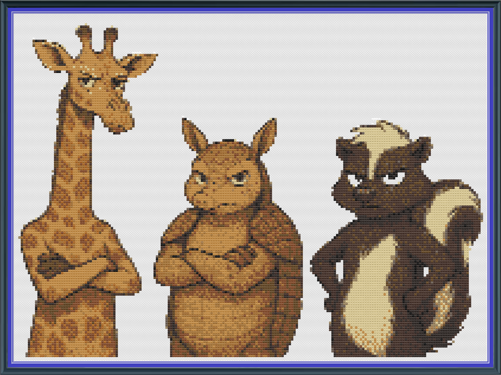 Riley Wood and Fiber Art – Giraffe, Armadillo & Skunk with Attitude© – Original Fine Art Cross Stitch Pattern | 14 Count Aida | Digital Pattern made by Riley Wood and Fiber Art