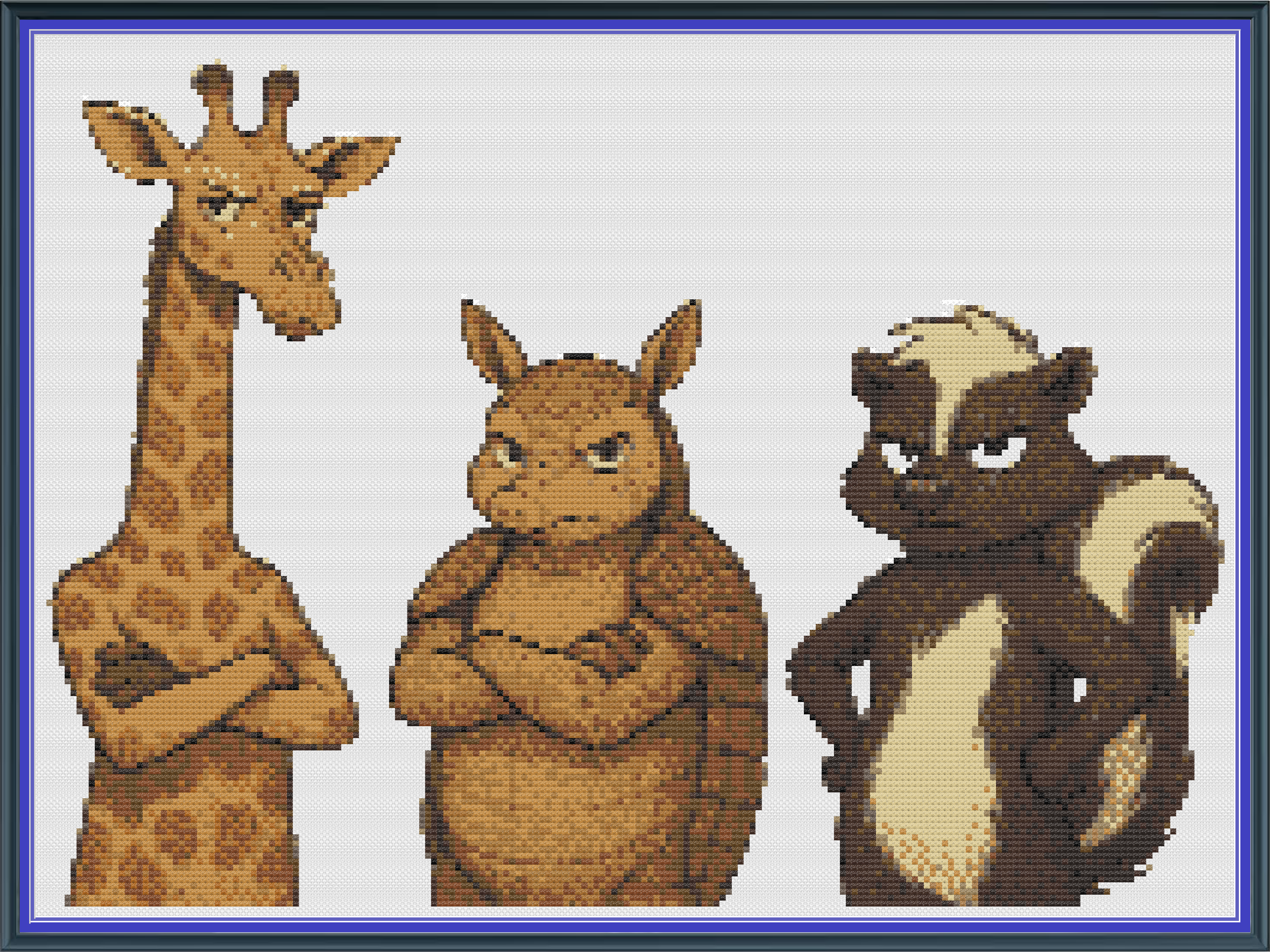 Riley Wood and Fiber Art – Giraffe, Armadillo & Skunk with Attitude© – Original Fine Art Cross Stitch Pattern | 14 Count Aida | Digital Pattern made by Riley Wood and Fiber Art