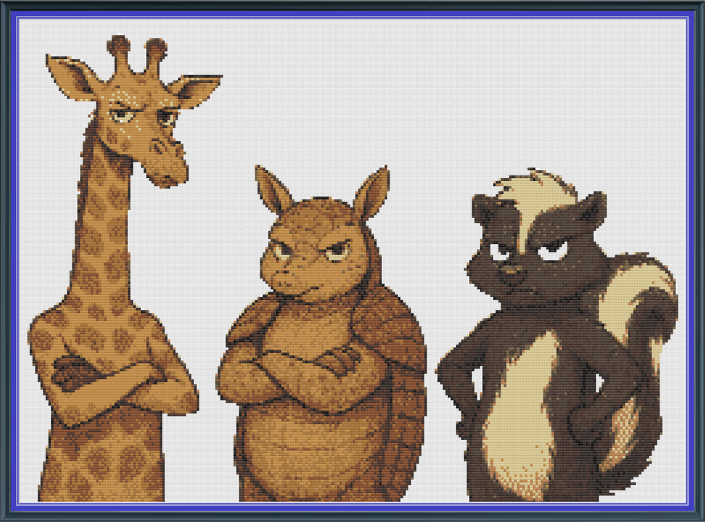 Riley Wood and Fiber Art – Giraffe, Armadillo & Skunk with Attitude© – Original Fine Art Cross Stitch Pattern | 14 Count Aida | Digital Pattern made by Riley Wood and Fiber Art