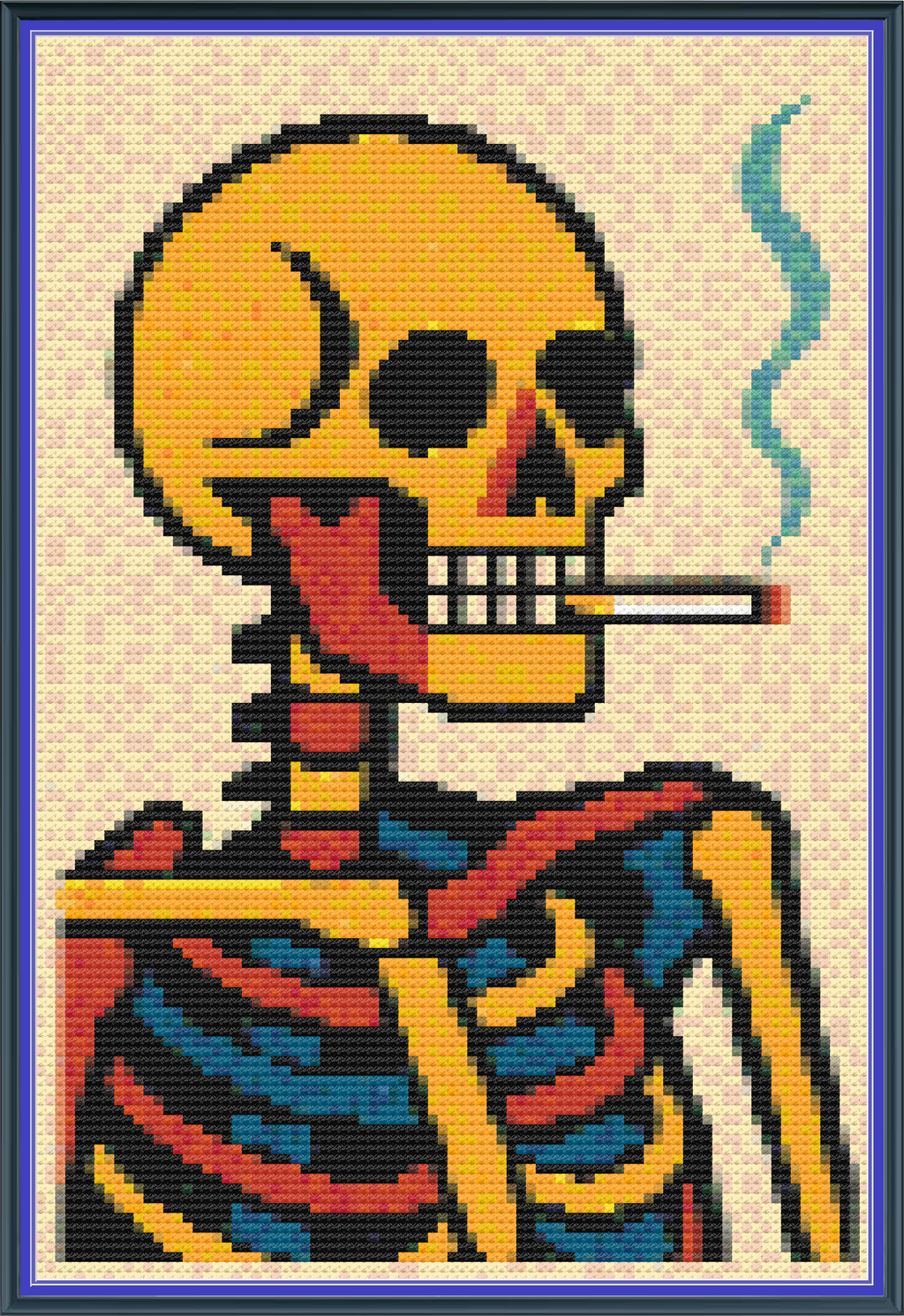 Riley Wood and Fiber Art – Skeleton with Burning Cigarette in Bauhaus© – Original Cross Stitch Pattern | Fine Art Cross Stitch | 14 Count Aida | Digital Pattern made by Riley Wood and Fiber Art