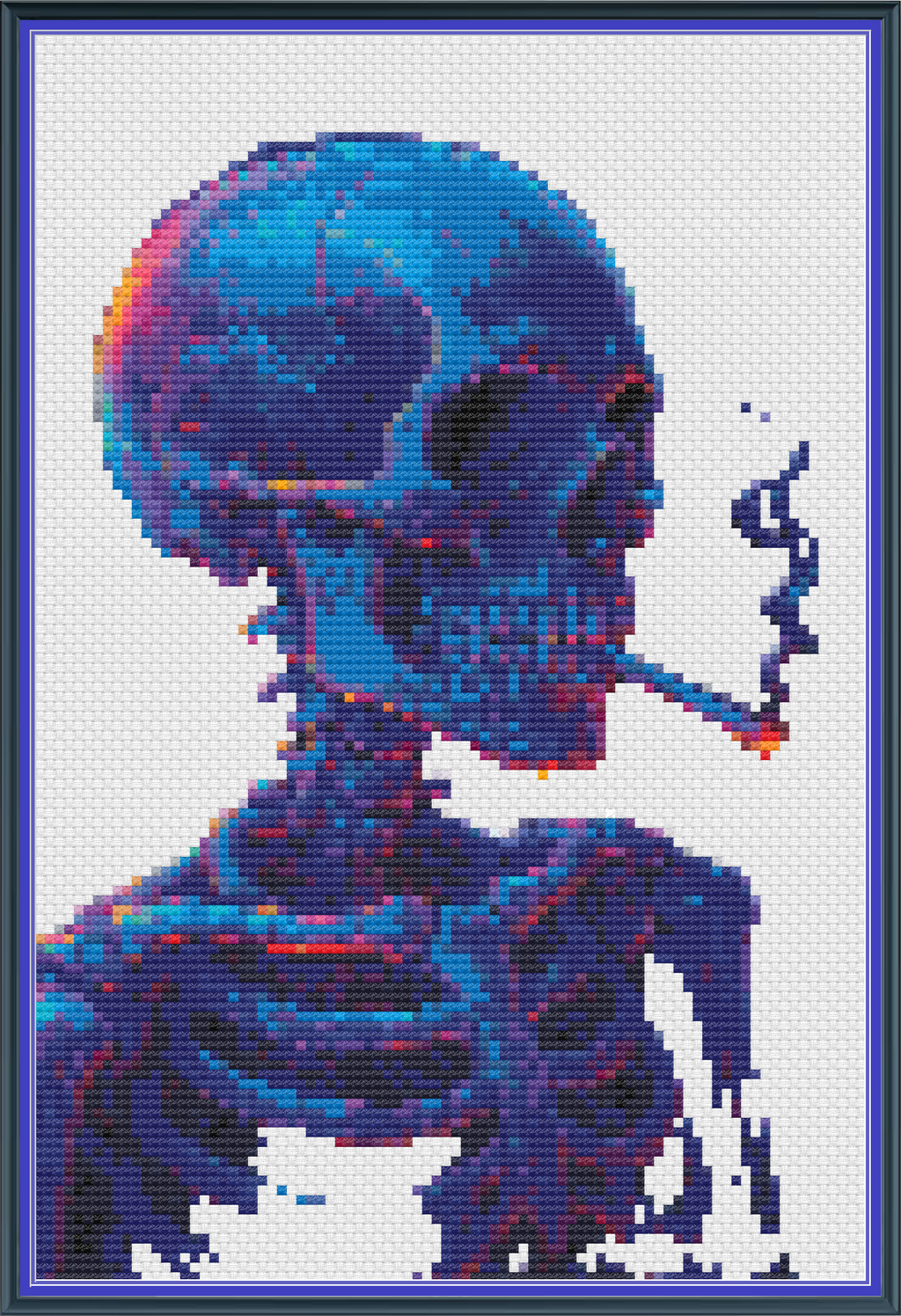 Riley Wood and Fiber Art – Skeleton with a Burning Cigarette in Bornite© – Original Cross Stitch Pattern | Fine Art Cross Stitch | 14 Count Aida | Digital Pattern made by Riley Wood and Fiber Art