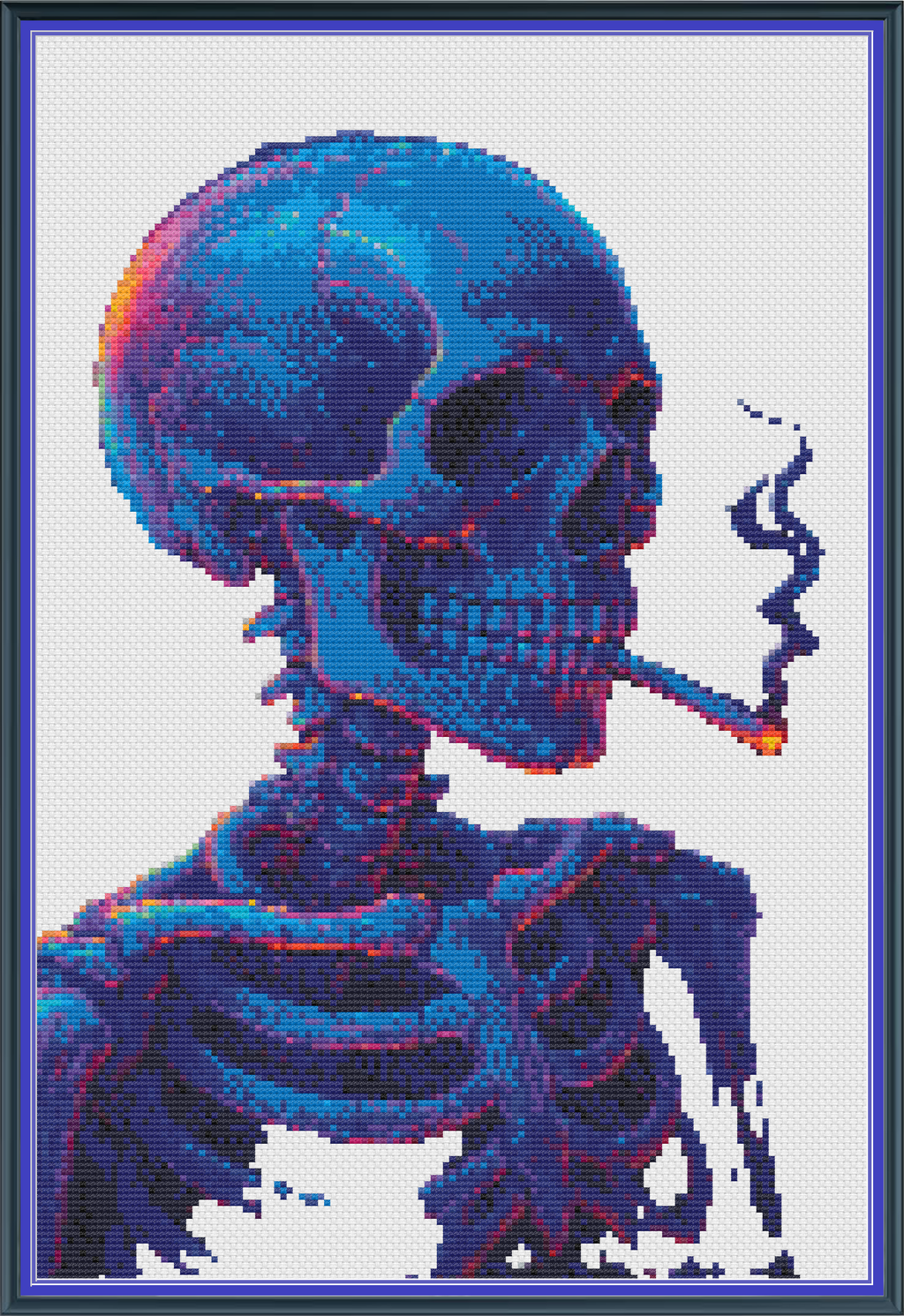 Riley Wood and Fiber Art – Skeleton with a Burning Cigarette in Bornite© – Original Cross Stitch Pattern | Fine Art Cross Stitch | 14 Count Aida | Digital Pattern made by Riley Wood and Fiber Art