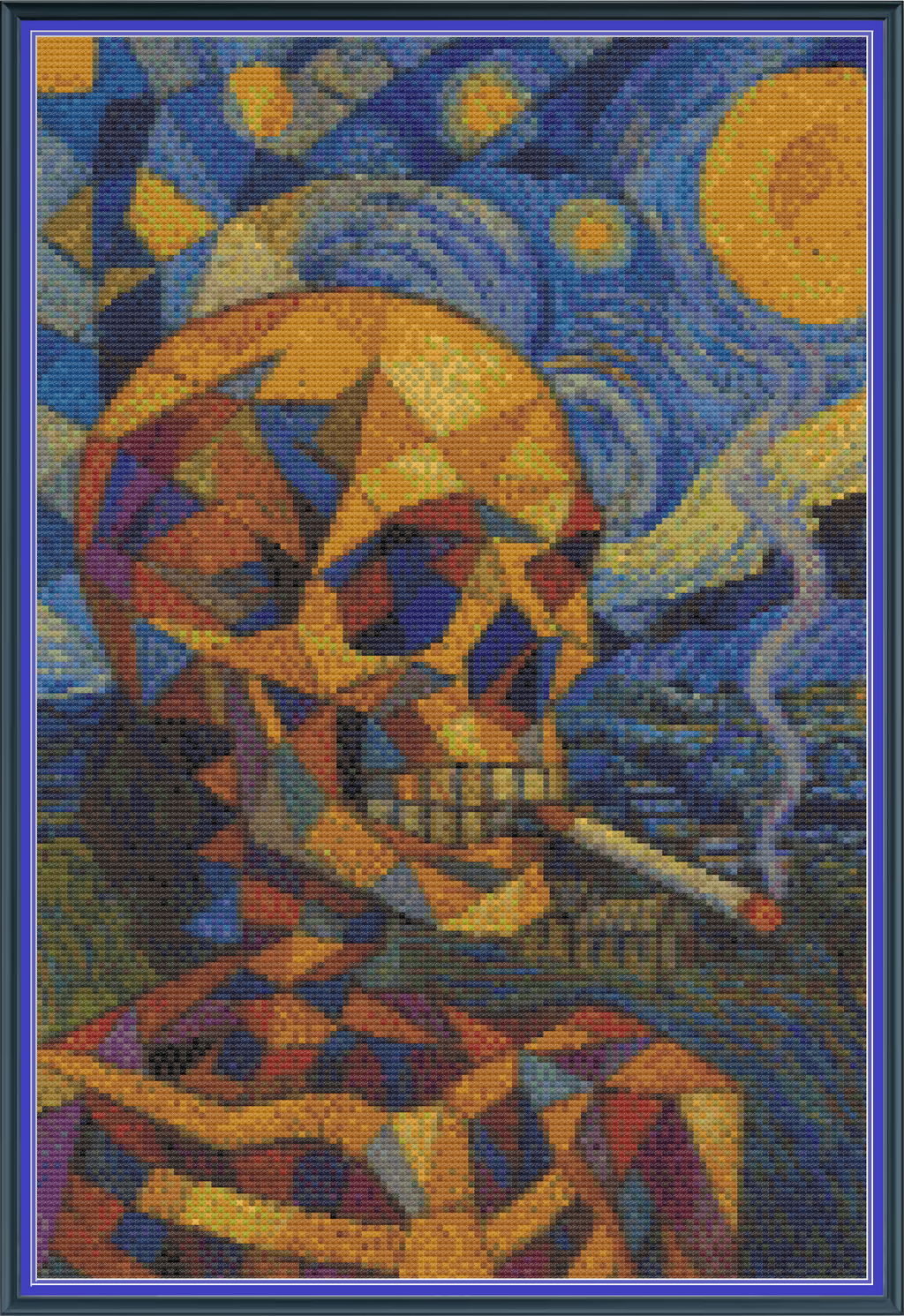 Riley Wood and Fiber Art – Skeleton with Burning Cigarette in a Starry Night 2© – Original Cross Stitch Pattern | Fine Art Cross Stitch | 14 Count Aida | Digital Pattern made by Riley Wood and Fiber Art