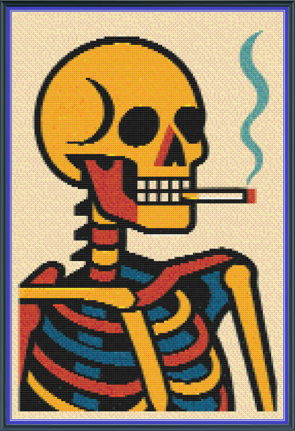 Riley Wood and Fiber Art – Skeleton with Burning Cigarette in Bauhaus© – Original Cross Stitch Pattern | Fine Art Cross Stitch | 14 Count Aida | Digital Pattern made by Riley Wood and Fiber Art