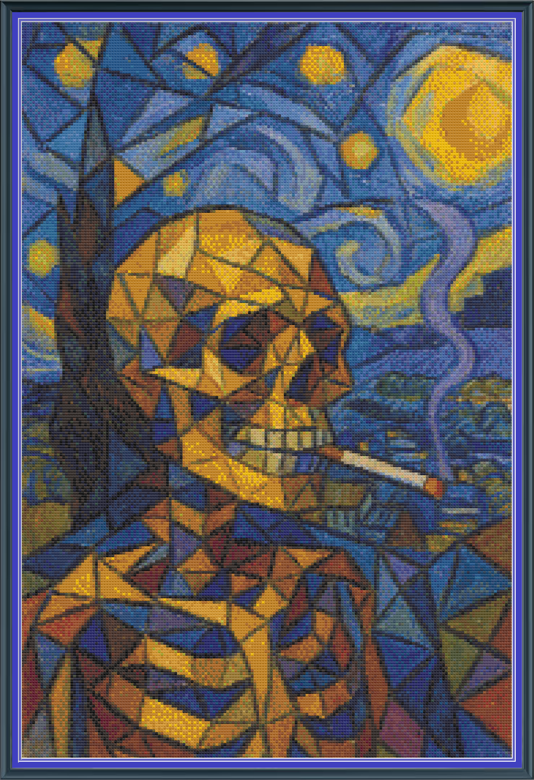 Riley Wood and Fiber Art – Skeleton with Burning Cigarette in a Starry Night 1© – Original Cross Stitch Pattern | Fine Art Cross Stitch | 14 Count Aida | Digital Pattern made by Riley Wood and Fiber Art