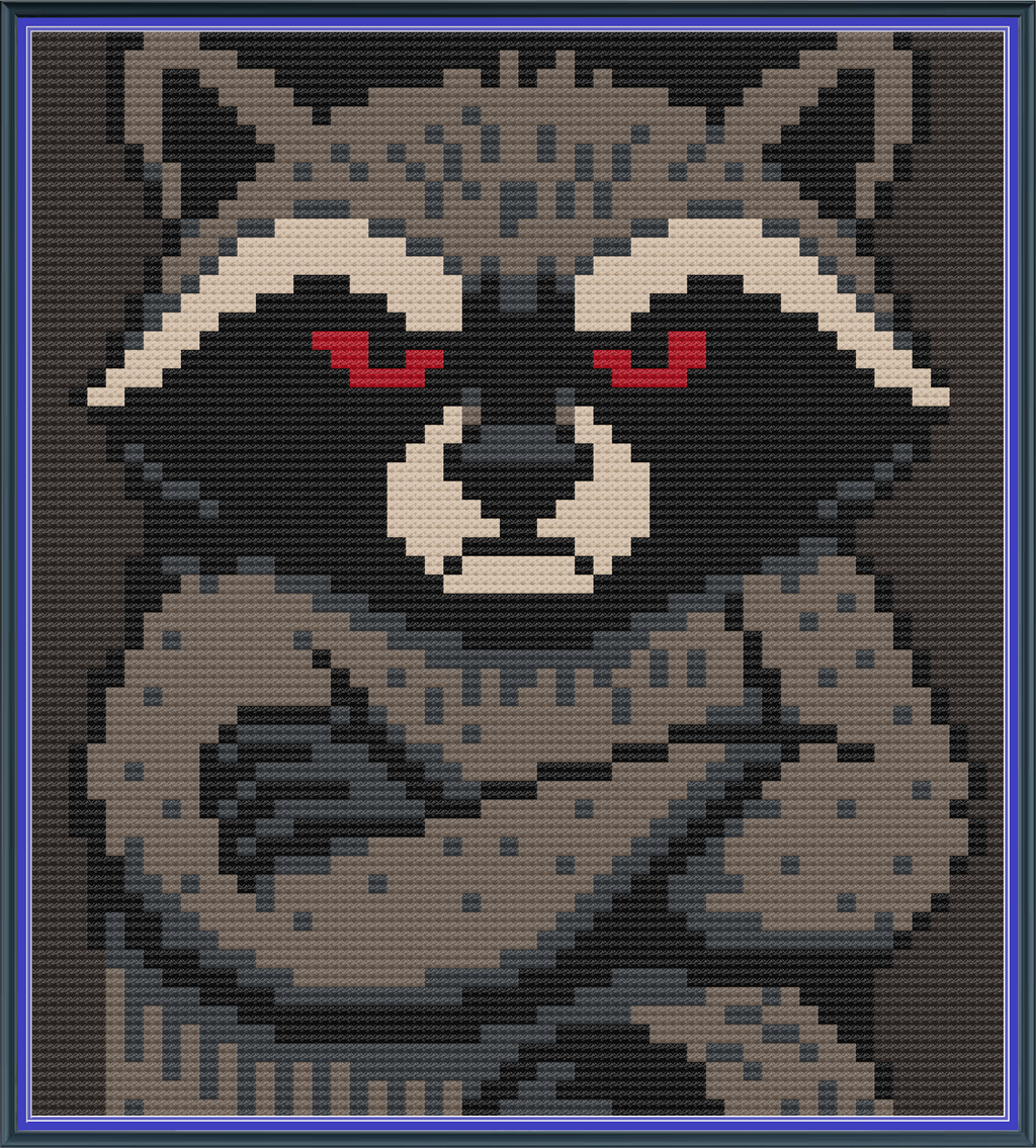 Riley Wood and Fiber Art – Judgmental Raccoon© – Original Fine Art Cross Stitch Pattern | 14 Count Aida | Digital Pattern made by Riley Wood and Fiber Art