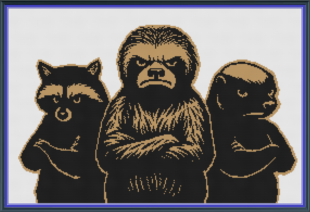 Riley Wood and Fiber Art – Raccoon, Sloth, and Honey Badger with Attitude© – Original Fine Art Cross Stitch Pattern | 14 Count Aida | Digital Pattern made by Riley Wood and Fiber Art