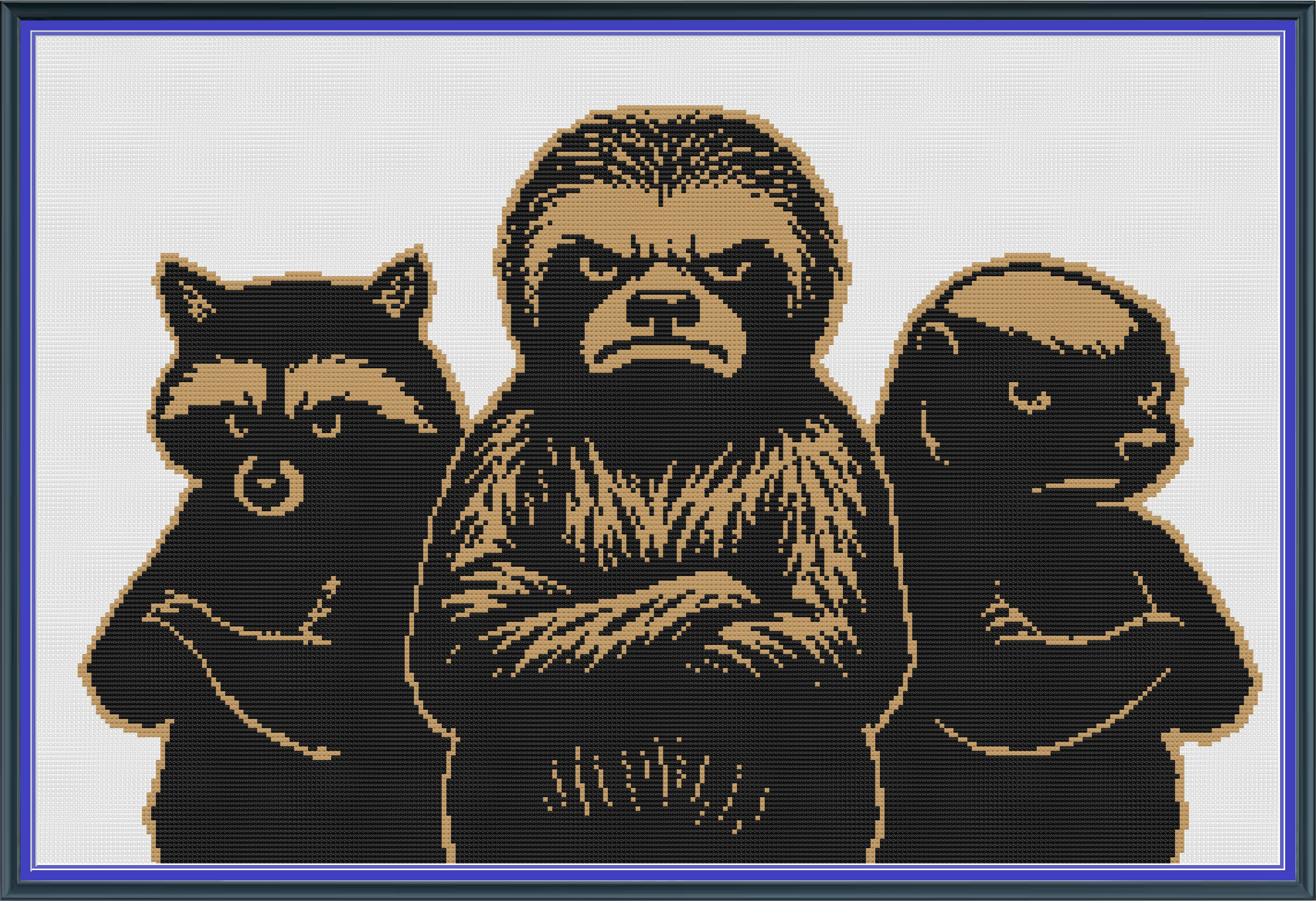 Riley Wood and Fiber Art – Raccoon, Sloth, and Honey Badger with Attitude© – Original Fine Art Cross Stitch Pattern | 14 Count Aida | Digital Pattern made by Riley Wood and Fiber Art