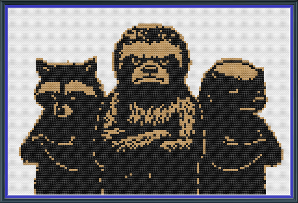 Riley Wood and Fiber Art – Raccoon, Sloth, and Honey Badger with Attitude© – Original Fine Art Cross Stitch Pattern | 14 Count Aida | Digital Pattern made by Riley Wood and Fiber Art