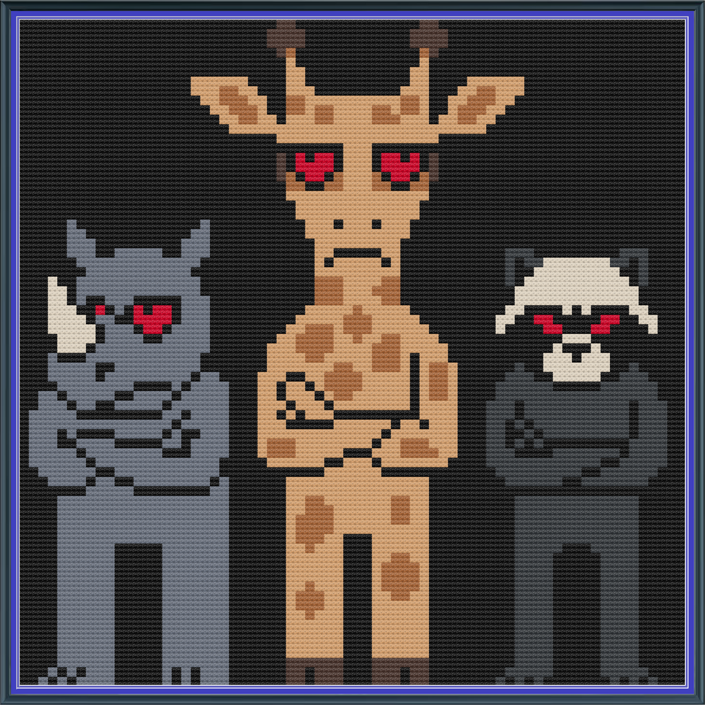 Riley Wood and Fiber Art – Rhino, Giraffe, and Raccoon with Attitude© – Original Fine Art Cross Stitch Pattern | 14 Count Aida | Digital Pattern made by Riley Wood and Fiber Art