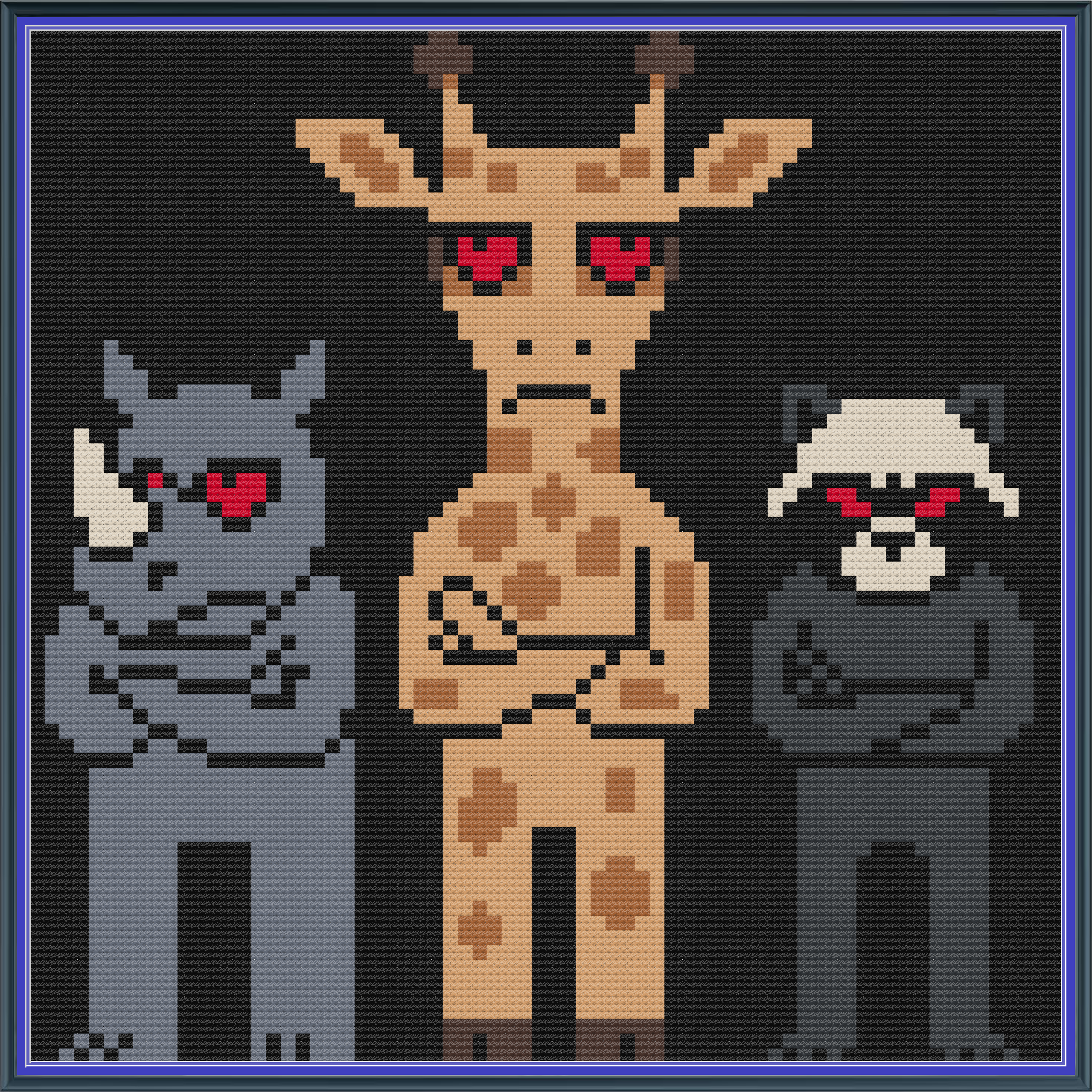 Riley Wood and Fiber Art – Rhino, Giraffe, and Raccoon with Attitude© – Original Fine Art Cross Stitch Pattern | 14 Count Aida | Digital Pattern made by Riley Wood and Fiber Art