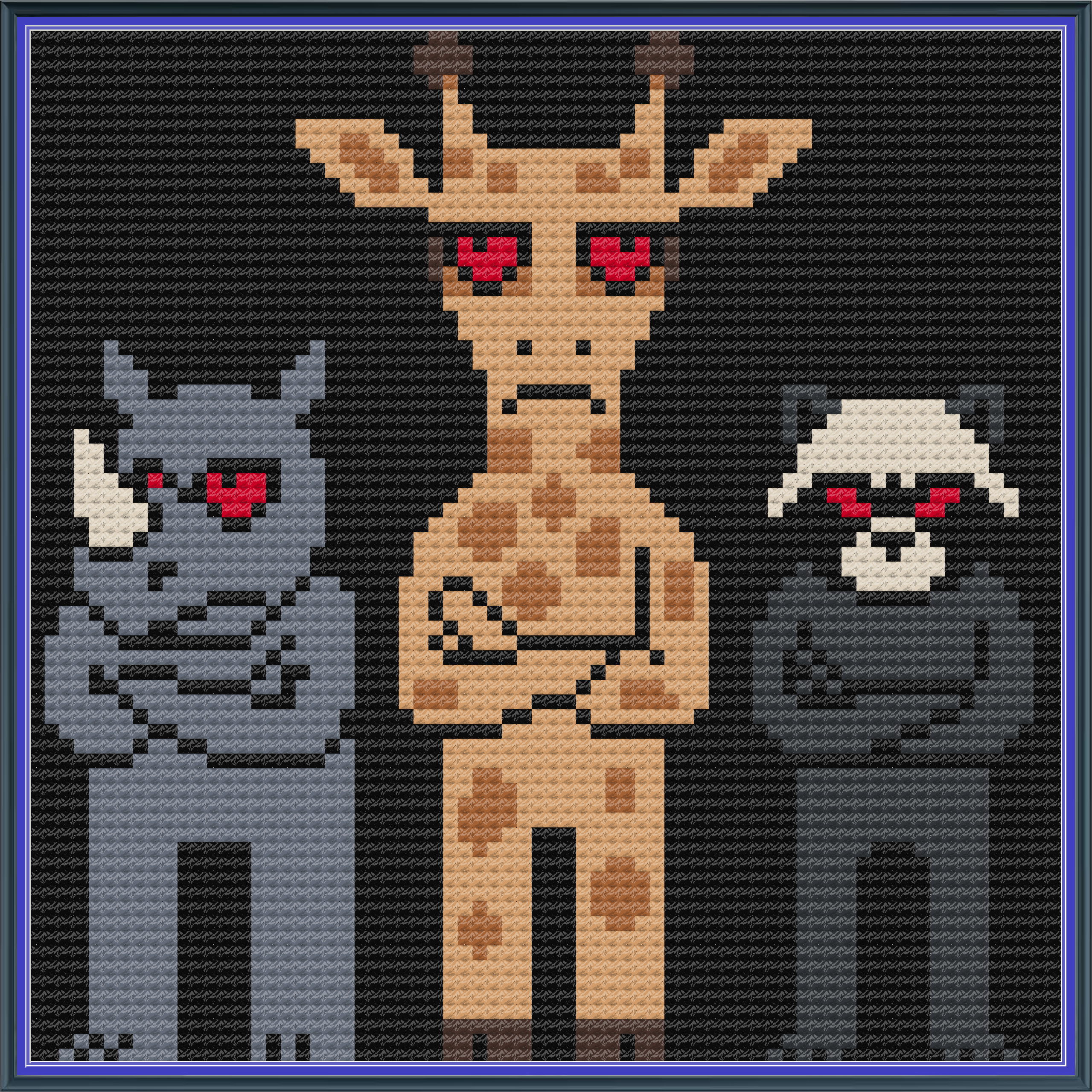 Riley Wood and Fiber Art – Rhino, Giraffe, and Raccoon with Attitude© – Original Fine Art Cross Stitch Pattern | 14 Count Aida | Digital Pattern made by Riley Wood and Fiber Art