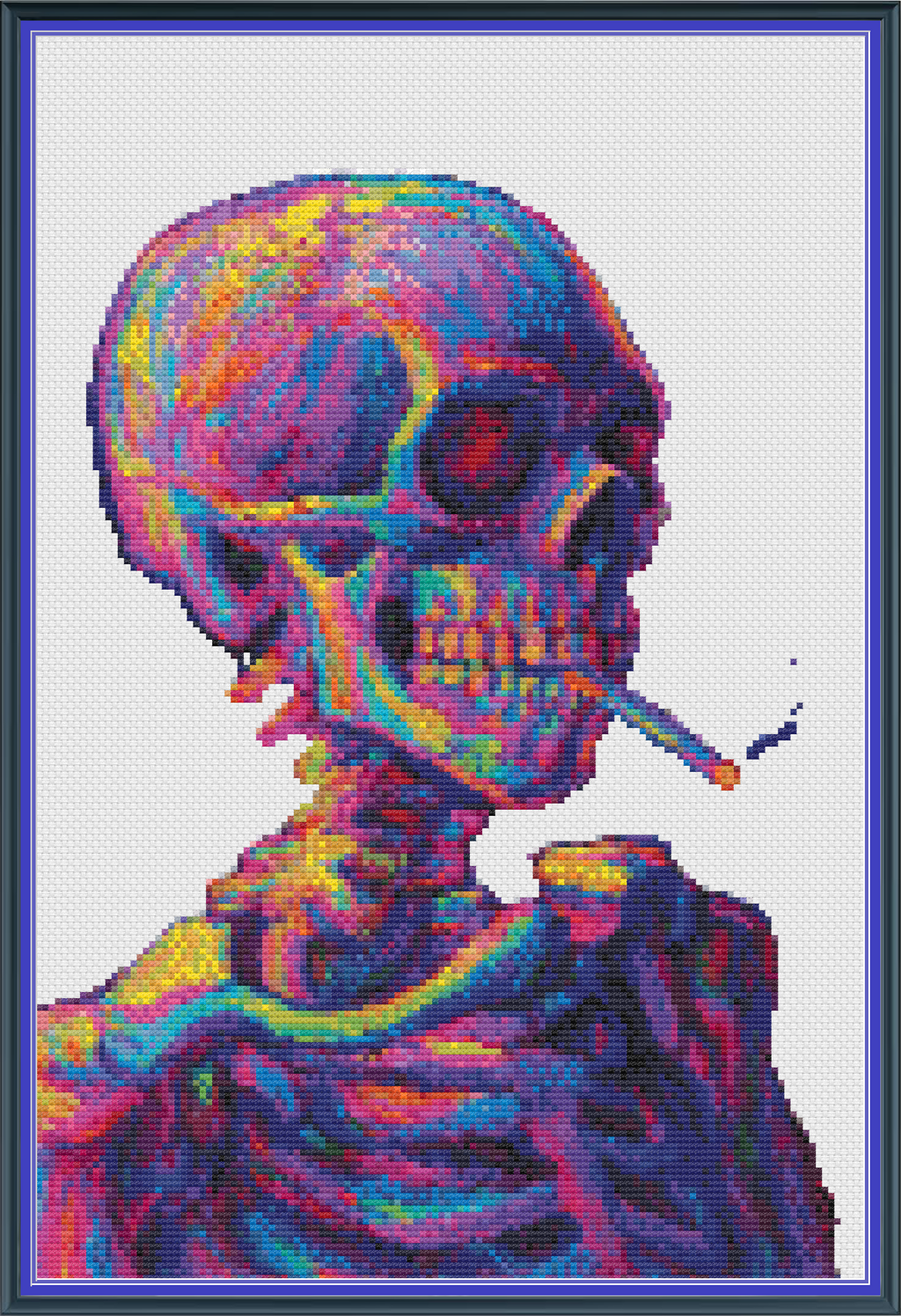 Riley Wood and Fiber Art - Skeleton with Burning Cigarette© – Cross Stitch Pattern | Fine Art Cross Stitch | 14 Count Aida | Digital Pattern made by Riley Wood and Fiber Art