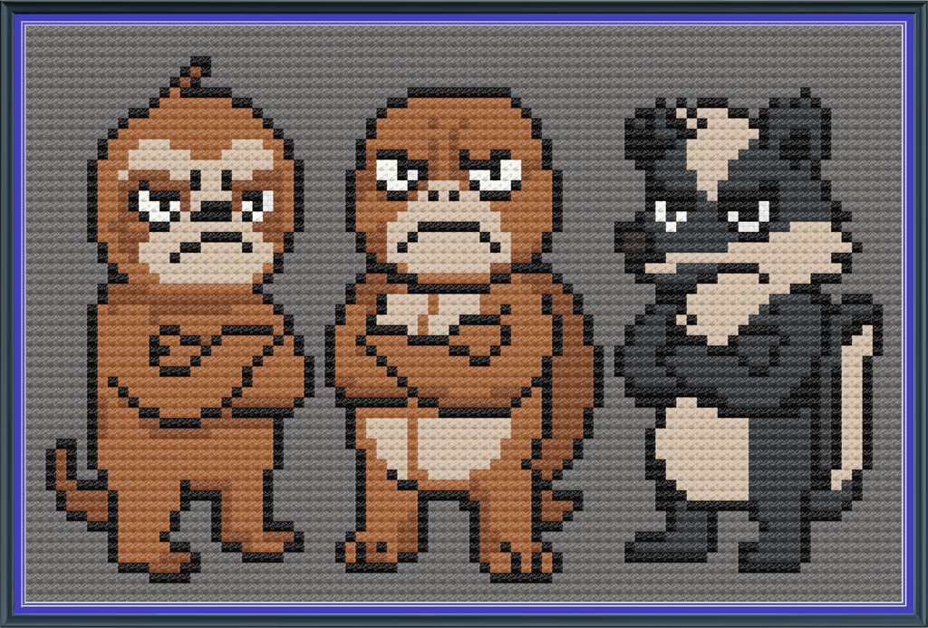 Skunk, Tortoise & Sloth with Attitude cross stitch pattern small size version on 14 count Aida
