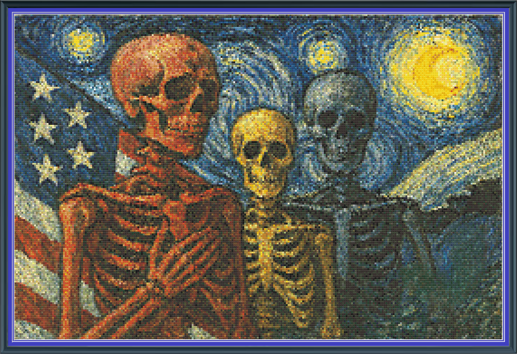 Riley Wood and Fiber Art – American Skeletons in a Starry Night© – Original Fine Art Cross Stitch Pattern | 14 Count Aida | Digital Pattern made by Riley Wood and Fiber Art