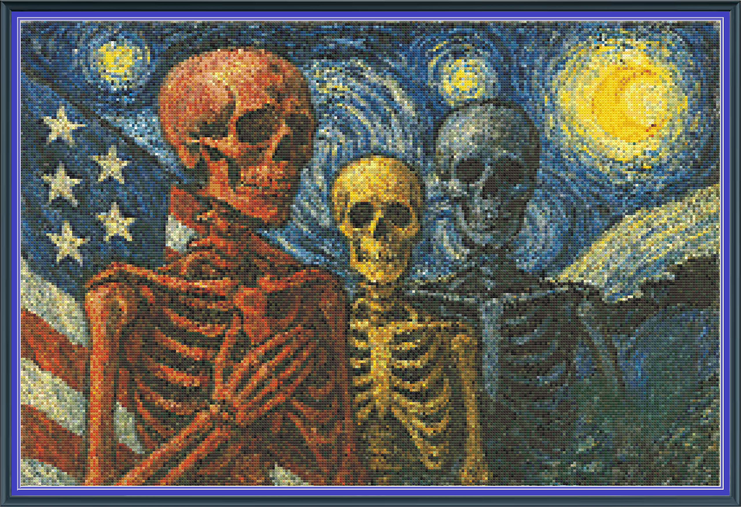 Riley Wood and Fiber Art – American Skeletons in a Starry Night© – Original Fine Art Cross Stitch Pattern | 14 Count Aida | Digital Pattern made by Riley Wood and Fiber Art