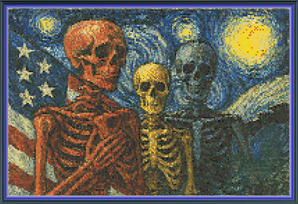 Riley Wood and Fiber Art – American Skeletons in a Starry Night© – Original Fine Art Cross Stitch Pattern | 14 Count Aida | Digital Pattern made by Riley Wood and Fiber Art