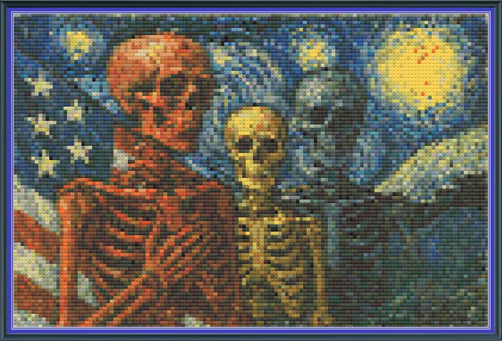 Riley Wood and Fiber Art – American Skeletons in a Starry Night© – Original Fine Art Cross Stitch Pattern | 14 Count Aida | Digital Pattern made by Riley Wood and Fiber Art